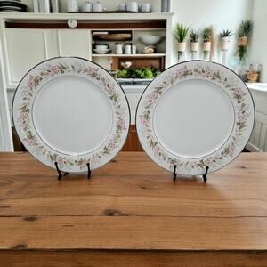 Noritake Mayflower 10 1/2" Dinner Plates 2351 Pink Blue Flowers Silver Set of 2